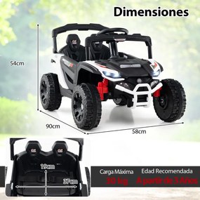 Carro elétrico infantil de 12 V, com comando à distância, 3 velocidades, luzes LED, música, buzina, veículo a bateria para crianças, Branco