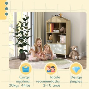 Estante Infantil com 4 Compartimentos Estante de Livros para Crianças com Prateleiras Abertas e Armário 80x30x140,5 cm Branco e Madeira