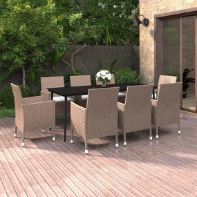 vidaXL 9 pcs conjunto de jantar p/ jardim c/ almofadões vime PE/vidro
