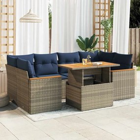 7 pcs conjunto sofás p/ jardim c/ almofadões vime PE cinzento