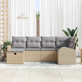 Conjunto de Sofá de Jardim de 6 Peças com Almofadas Bege Polirattan