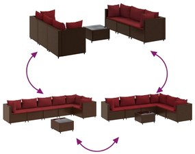 7 pcs conjunto lounge jardim c/ almofadões vime PE castanho