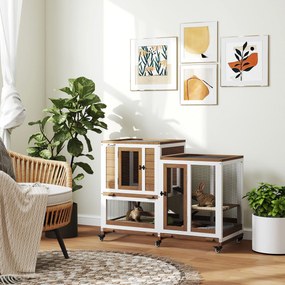 Coelheira de Madeira Interior Gaiola para Coelhos de 2 Níveis com Rodas 2 Rampas 3 Bandejas Amovíveis 110x50x86 cm Castanho