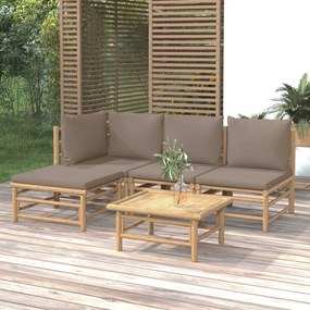 vidaXL 5 pcs conj. lounge jardim bambu almofadões cinzento-acastanhado