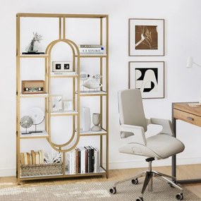 Estante de 5 níveis 95 x 30 x 175 cm com Prateleiras Abertas com Forma Ovalada Moldura Branca e Dourada