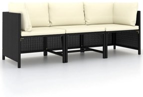 vidaXL Sofá de jardim 3 lugares com almofadões vime PE preto