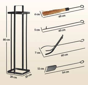 Conjunto de 5 peças para lareira, acessórios para lareira, vassoura, escova, pá, pinça, atiçador e suporte em metal preto