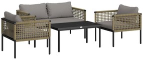 Outsunny Conjunto de Jardim de Vime Sintético de 4 Peças Inclui 1 Sofá Duplo 2 Cadeiras e Mesa de Centro com Almofadas Madeira e Cinzento | Aosom Portugal