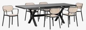 Conjunto De Mesa Retangular Extensível Karena 180-240x90 Cm E 6 Cadeiras De Jardim Empilháveis Com Apoios De Braços Omara Cinza Grafito - Sklum