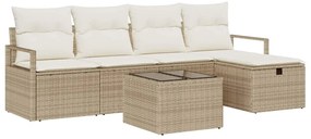 Conjunto Sofá de Jardim de 6 Peças com Almofadas Bege Rattan Poliéster