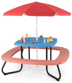 Mesa de atividades jardim crianças com guarda-sol ajustável e dobrável, 4 bancos incorporados até 8 crianças, 125 × 125 × 100-160 cm  azul