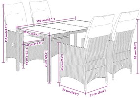 5 pcs conjunto jantar p/ jardim c/ almofadões vime PE castanho