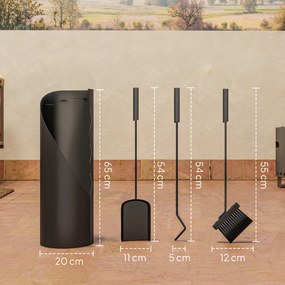 Conjunto de utensílios para lareira de 4 peças com vassoura, pá, atiçador e suporte, em metal, 20 x 20 x 65 cm, preto