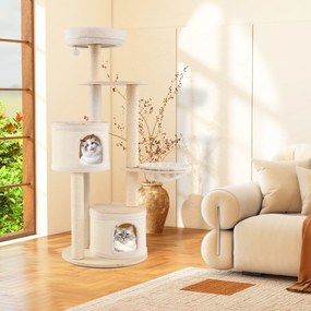 Arranhador para gatos 58 x 152 cm com postes de sisal e tapete 2 cavernas, Brinquedo suspenso Almofada lavável de pelúcia para interior Natural