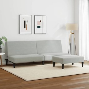 Sofá-cama 2 lugares c/ apoio de pés veludo cinza-claro