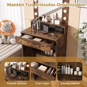Toucador de Maquilhagem com Espelho LED, 66 x 40 x 136 cm, 3 Modos de Iluminação, Castanho+Preto