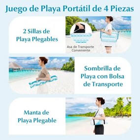 Conjunto de guarda-sol de praia com 2 cadeiras dobráveis e manta de piquenique para exterior com mecanismo de inclinação Azul