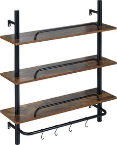 Prateleira suspensa de parede em tubos industriais 80,5 x 24 x 97 cm, com 3 níveis e 4 ganchos em forma de S, em Castanho rústico