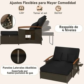 Sofá-cama de rattan para exterior com apoio para os pés com arrumação Encosto ajustável em 4 níveis e tabuleiros laterais retrácteis Castanho/preto