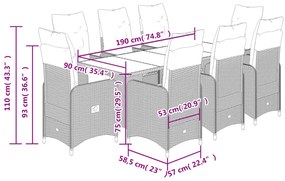 9 pcs conjunto de bistrô para jardim c/ almofadões vime PE bege