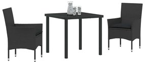 Conjunto de Jantar de Jardim em 3 Peças com Almofadas Pretas em Rattan