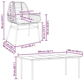Conjunto de jantar jardim 9 peças almofadas vidro vime PE preto