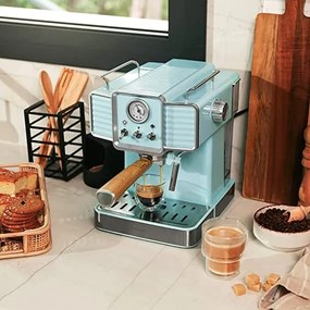Máquina de café Express Power Espresso 20 Tradizionale Light Blue 1350 W, 20 barras e Thermoblock, vapor, manómetro, design vintage, capacidade de 1,5