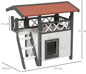 Casa para Gatos de Madeira 77x50x73cm Casa para Gatos com 2 Níveis com Teto Asfáltico Terraço Cercado Caverna e Escada Branco