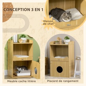 Casa de higiene para gatos com 3 níveis, compartimento fechado por uma porta,1 almofada, 60 x 45 x 103 cm