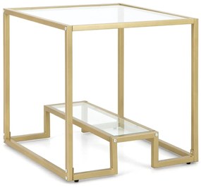 Mesa lateral quadrada de 2 camadas, mesa de centro de metal e tampo de vidro temperado com prateleira para sala de estar, quarto, 56 x 56 x 56,5 cm do