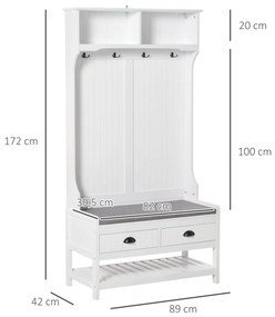 HOMCOM Cabide Sapateira com banco 4 ganchos 2 compartimentos abertos 2 gavetas removíveis e prateleira inferior moderna para corredor entrada 87x42x172 cm Branco