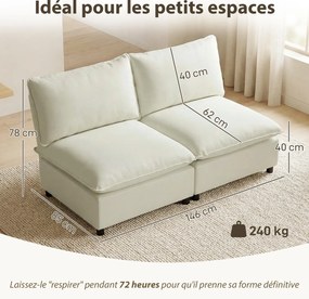 Sofá modular de 2 lugares 146 (C) x 85 (P) x 78 (A) cm, sofá de sala moderno de 146 cm sem braços, com assento largo e almofadas, cor creme