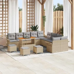 Conjunto de Sofás de Jardim vidaXL de 14 Peças com Almofadas Bege Rattan Sintético Acácia