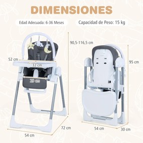 Cadeira alta dobrável para bebés portátil dobrável para bebés e crianças com altura ajustável Encosto reclinável Apoio para os pés Arnês cinzento escu