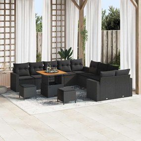 Conjunto de Sofá de Jardim vidaXL 13 Peças com Almofadas Preto Vime PE Acácia