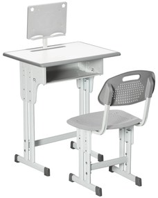 HOMCOM Conjunto de Secretária e Cadeira para Crianças de 6-12 Anos Secretária Infantil com Altura Ajustável 1 Gaveta 1 Suporte para Lápis e 1 Prateleira para Livros 60x45x90-120 cm Cinza