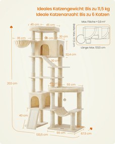 Grande arranhador para gatos 105 x 45 x 202 cm, com 6 áreas de descanso e troncos de sisal em bege