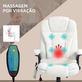 Cadeira de Massagem com 6 Pontos Reclinável até 130° com Função de Aquecimento Tecido em Borrego 67x74x107-116 cm Branco