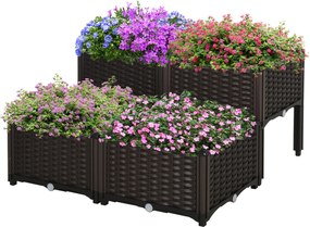 Conjunto de 4 Floreiras Quadradas Floreiras para Flores e Vegetais com Orifícios de Drenagem e Pés Altos 80x40x26-44 cm Castanho