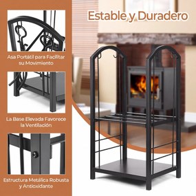 Conjunto de Suporte para Lenha e 4 Utensílios de Lareira, 44 x 30 x 74 cm, 2 Níveis de Armazenamento, Preto