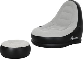 Sofá insuflável com apoio para os pés (bomba não incluída), tecido com aspeto de peluche macio e suporte para copos, cinzento