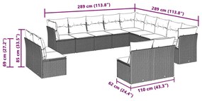 13 pcs conj. sofás jardim c/ almofadões vime PE cinzento-claro