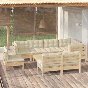 vidaXL 9 pcs conjunto lounge jardim c/ almofadões creme pinho maciço