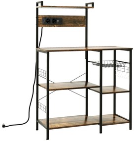 HOMCOM Estante de Cozinha com Ficha 2 Carregadores Prateleira Ajustável USB 5 Gancho em S e Cesta Amovível 90x42x130 cm Marrom Rústico