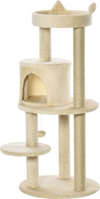 PawHut Árvore Arranhador Gatos Plataforma Caverna Postes Sisal Bola Suspensa 48x48x104 cm Bege | Aosom Portugal