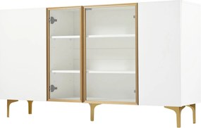 Aparador de 4 portas com vidro &amp; metal, grande capacidade de arrumação, 150x38x85 cm, Branco