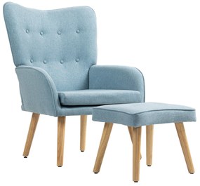 HOMCOM Poltrona com Apoio para Pés Poltrona de Leitura com Encosto Alto Capitonê Pés de Madeira e Revestimento em Linho Cadeira para Sala Quarto Escritório 70x72x94 cm Azul Claro