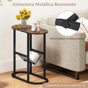 Mesa apoio, mesa de cabeçeira Estreita 60 x 28,5 x 64 cm com Suporte para Revistas Estrutura Metálica Castanho rústico