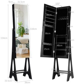 Armário para jóias com espelho de corpo inteiro com 12 luzes LED Design vertical Organizador de jóias com ângulo ajustável 36 x 33,5 x 154 cm Preto