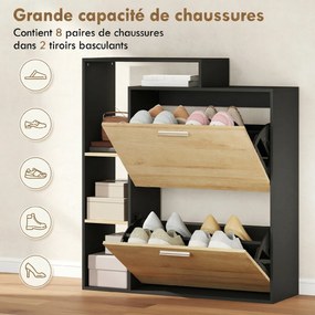 Sapateira com capacidade para 8 pares 80 x 26 x 90 cm, estreita com 2 gavetas rebatíveis, 3 compartimentos abertos, preto, efeito madeira natural